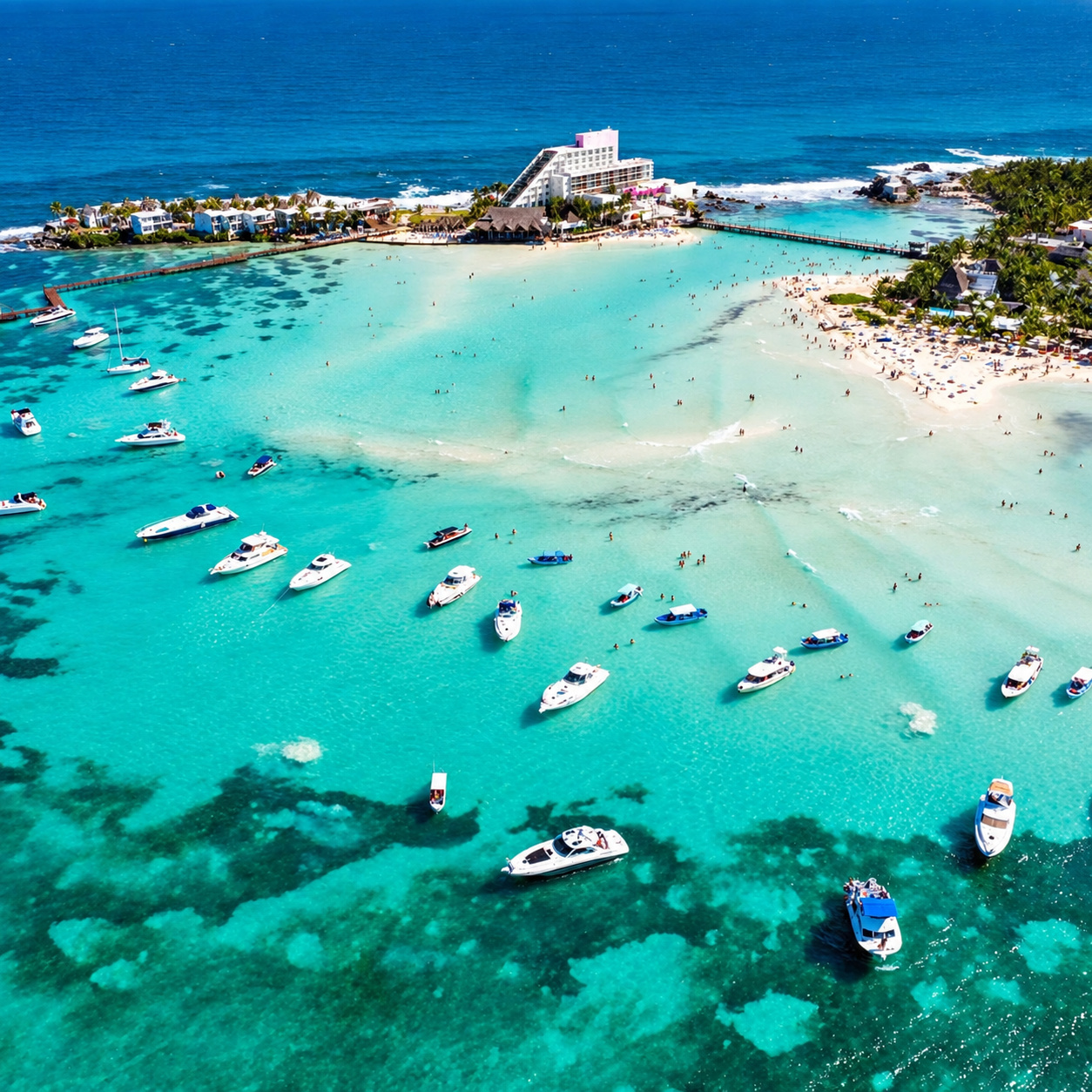 Real aerial photograph of Punta Norte and Playa Norte on Isla Mujeres